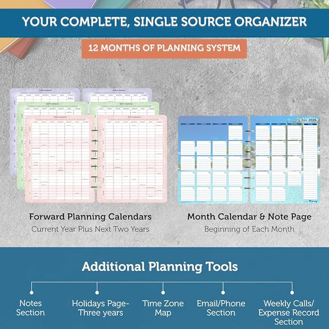 Planner Pad 7 Hole Loose Leaf 3-Tier Funnel Down 12 Month Medium Size Organizer, July 2026 – June 2027 / Academic Year, Seasonal Color Ink, 6 3/4" x 8 1/2"
