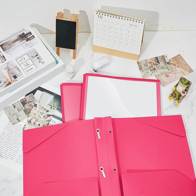 Henoyso 36 Pcs Plastic Folder with Clear Front Pocket and 3 Prong Plastic Folders with Card Slot Pocket Folders with Prongs for School Office (Rose Pink)