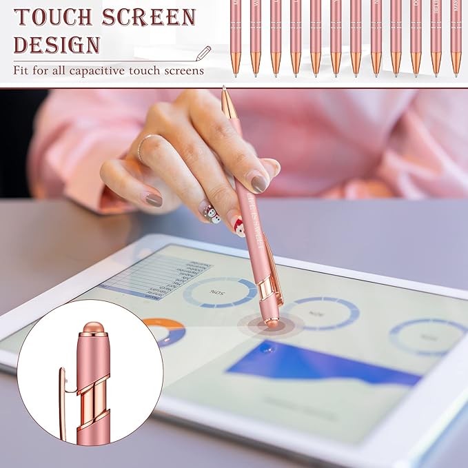 Zonon 12 Pcs Inspirational Pens Gift Set Funny Ballpoint Pen with Stylus Tip Motivational Graduation Gifts Bulk for Teacher Coworkers Nurse School Office Supplies(Rose Gold,Motivational Style)