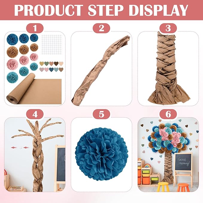 Mooliwe Classroom Tree Bulletin Board Set DIY 3D Cardboard Tree with Paper Pom Poms Kraft Craft Bulletin Board Wall 3D Decorations for School Elementary Teacher Chalkboard(Boho Color,6, 8, 10 Inch)