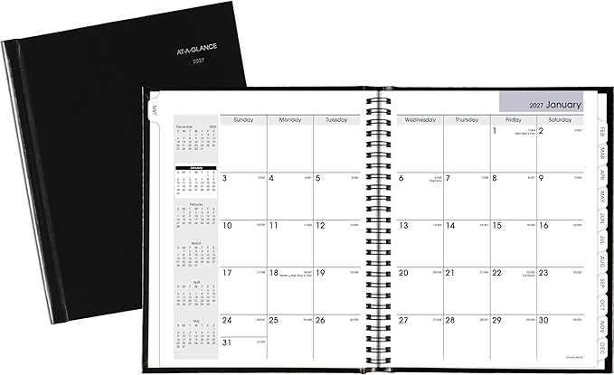 AT-A-GLANCE 2027 Planner, Monthly, 7" x 8.5", Tabbed, Unruled Daily Blocks, Hardcover, DayMinder, Black (G400H0027)