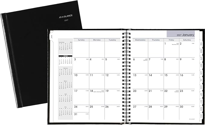 AT-A-GLANCE 2027 Planner, Monthly, 7" x 8.5", Tabbed, Unruled Daily Blocks, Hardcover, DayMinder, Black (G400H0027)