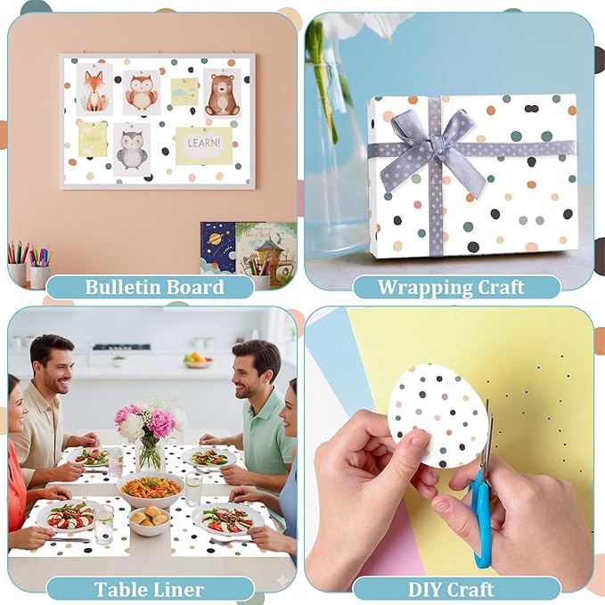 2 Rolls Boho Polka Dots Bulletin Board Paper Roll Non-Woven Bulletin Board Background Reusable Waterproof Poster Fade Resistant Poster for Classroom Decor Wrapping Craft Supplies 15.6 in x 12 Ft