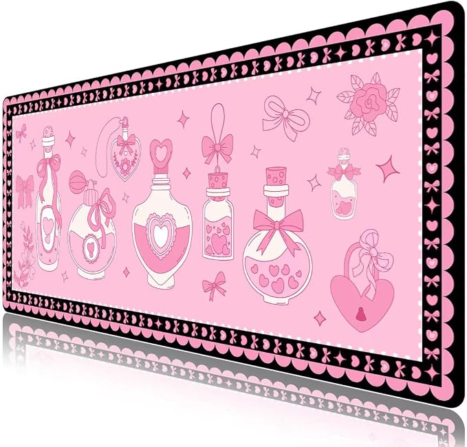 Mouse Pad, Cute Cool XXL Large Desk Mat for Desk Cover, Anti-Slip Big Mousepad with Stitched Edges, Keyboard Mat for Computer Desktop Table Protector I Pastel Pink Magic Bottles