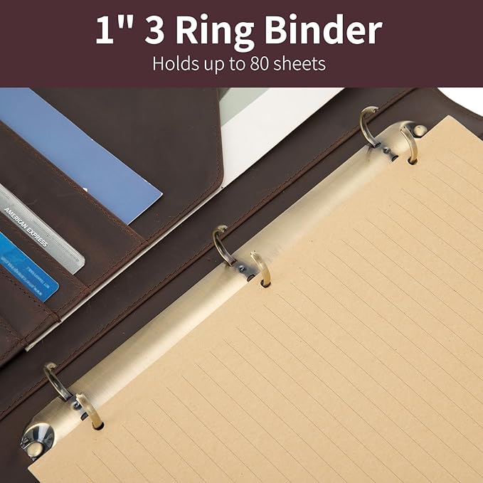 Personalized Genuine Leather 3 Ring Binder, Custom Engraved 8.5 x 11 Letter Size Folio with Pen Holder, Soft Notebook Portfolio Cover, Notepad Padfolio Organizer for Meeting, Dark Brown