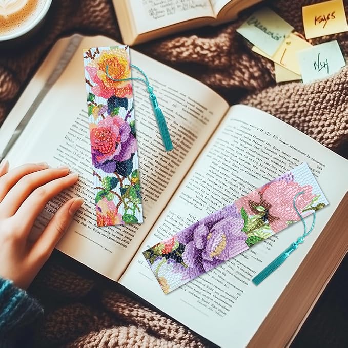 6Pcs Flower Butterfly 5D Diamond Art Bookmarks Sunflower Paeony Roses Floral Diamond DIY Painting Bookmarks Rhinestones Beaded Acrylic Tassel Bookmark for Adult Beginner Crafts