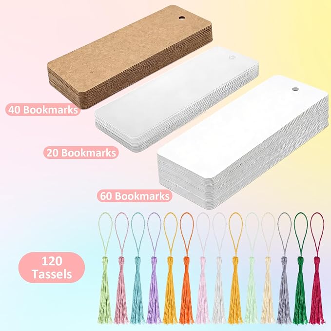 MXCOIRTP 120 Pcs Blank Bookmarks with 120 Colorful Tassels, Thick 350GSM Cardstock Paper and Transparent Acrylic Bookmarks for DIY Crafts, Holiday Reading, Classroom Projects and Gift Tags, 6x2 Inch