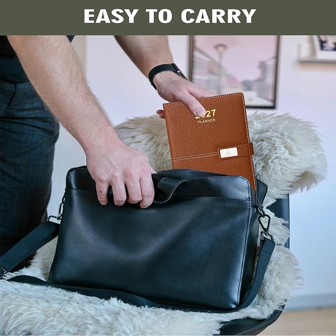 2027 Daily Planner - One Page per Day, 2027 Hourly Daily Calendar(Jan-Dec 2027), 5.7" x 8.26" Appointment Book, Leather Cover + Thick Paper (Brown)