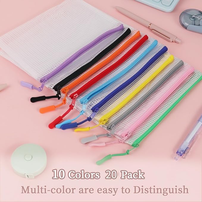 MultiBey 20 Pack 10 Colors Mesh Zipper Pouch Bags, 7.5 x 5.9 inch B6 Waterproof Plastic Zipper Pouches for Organizing, Small Mesh Bags with Zipper for School Office Home Travel Storage