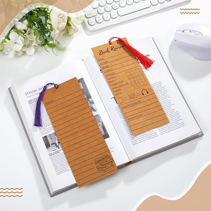50 pcs Colorful Book Review Bookmarks with 50 Bookmark Tassels Book Tracker Reading Log Page for Readers Bookish Bookworm Gift, Reading Page Tracker for Students Teachers Women (Brown)