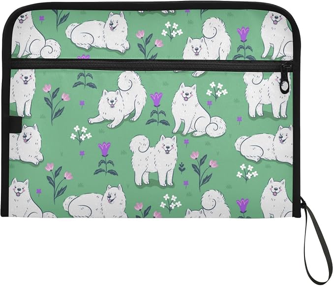 13 Pockets Expanding File Folder Samoyed Dogs on A Green Meadow with Sticky Labels Accordion File Folder Document Organizer Letter Size A4 Papers Expandable File Keeper
