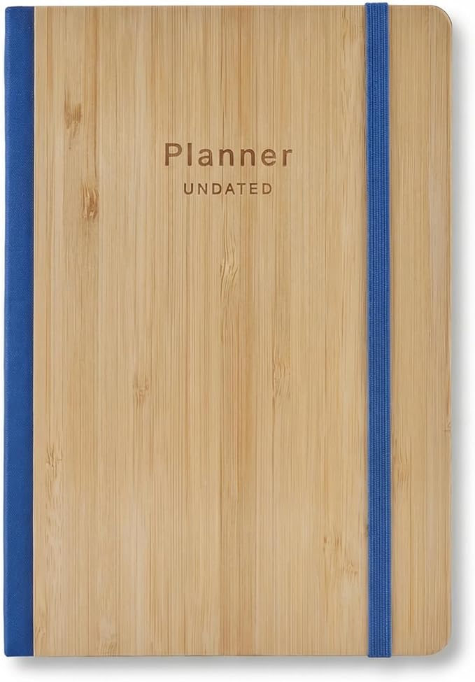 AUROPLANNER Bamboo Cover Undated Portable Planner Notebook – Daily, Weekly & Monthly Organizer, Lay-Flat A5 (5.7” × 8.3”), 100 GSM Paper, 160 Pages, 4-Month Layout (Blue)