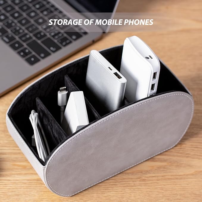 BONNY DODO PU Leather Multi-Functional Office Organizar Box Remote Control Holder Desk Storage Suppliers Caddy Table with 5 Compartment Store TV Remote, Brush, Pencil, Glasses, Media Player (Gray)