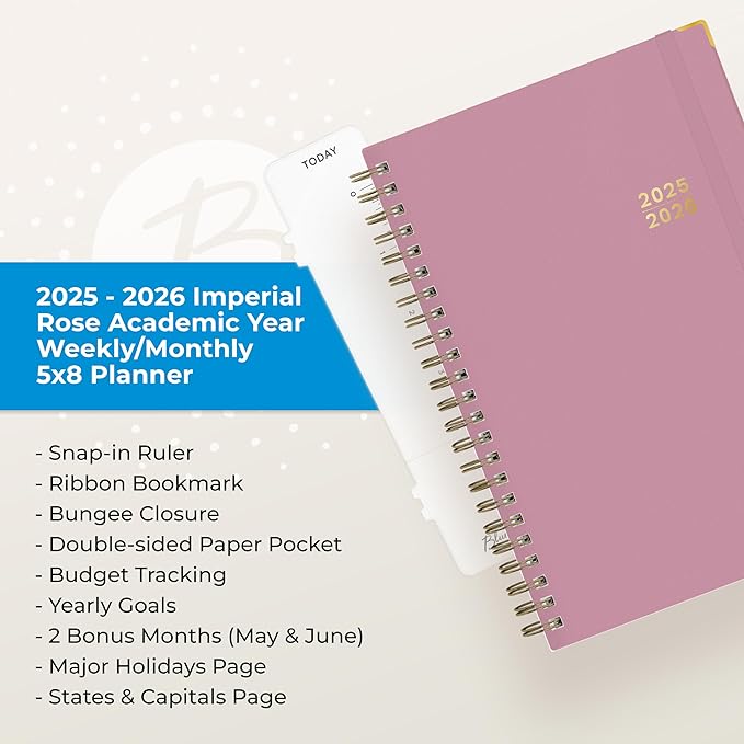 Blue Sky 2025-2026 Weekly and Monthly Academic Year Planner Calendar, July 2025 - June 2026, 5" x 8", Faux Leather Cover, Wirebound, Storage Pocket, Laminated Tabs, Imperial Rose