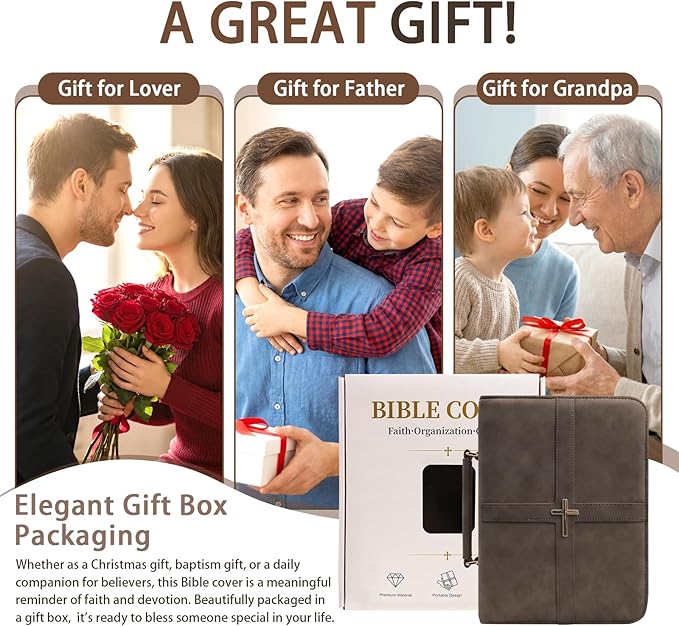 Classic Leather Bible Cover Case with Cross Design and Handle for Men Women, Durable Bible Study Supplies Organizer Carrying Bag, Perfect Christmas Gifts for Christians with Gift Box(Dark Brown