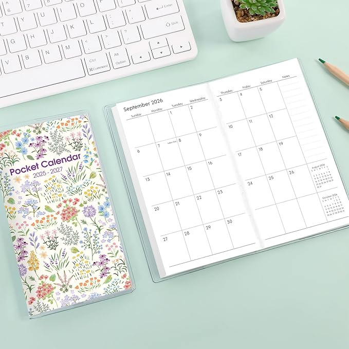 Phyxin Pocket Calendar, Pocket Planner - Runs From Jul 2025 Until Dec 2027, Small Calendar - 6.7" x 3.7", Calendar Planner for Women, Teacher, Students, Purple Flowers