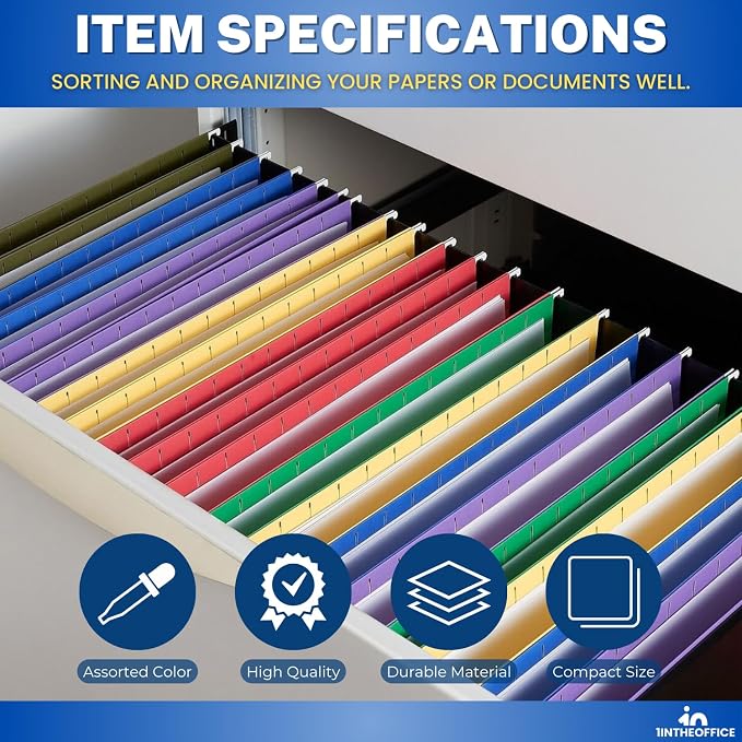 1InTheOffice Hanging File Folder, Hanging File Pocket, Expandable Hanging File Folder, Letter Size, Assorted Color, 10 Pack (10)
