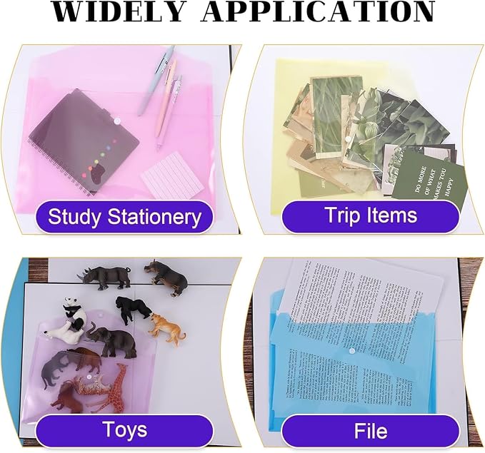 50pcs Plastic Envelopes,Clear Poly Envelopes,Document Folders with Snap Button Closure,Document Folders Letter A4 Size File Envelopes for School Home Work Office Organization(8 Assorted Color)