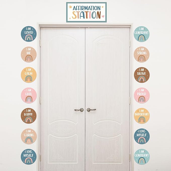BOHO Affirmation Station Bulletin Board Set Rainbow Positive Bulletin Board for Classroom Mirror Growth Mindset Decoration Inspirational Motivational Accent Cutouts for Home School Teacher Wall Supply