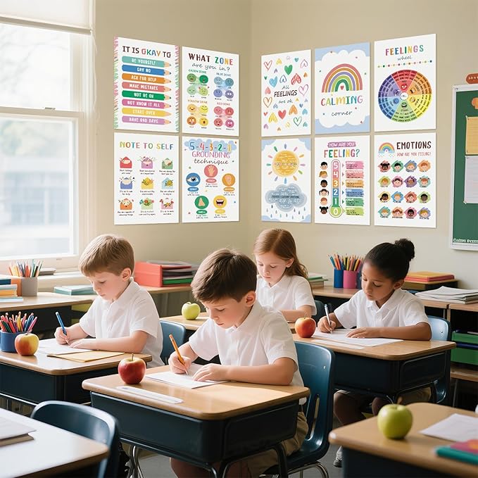 12PCS Calming Corner Classroom Posters (11x17"), Emotions Chart Feelings Wheel Calm Down Corner Supplies, Mental Health Therapy Office Wall Decor for Preschool Kids Teacher