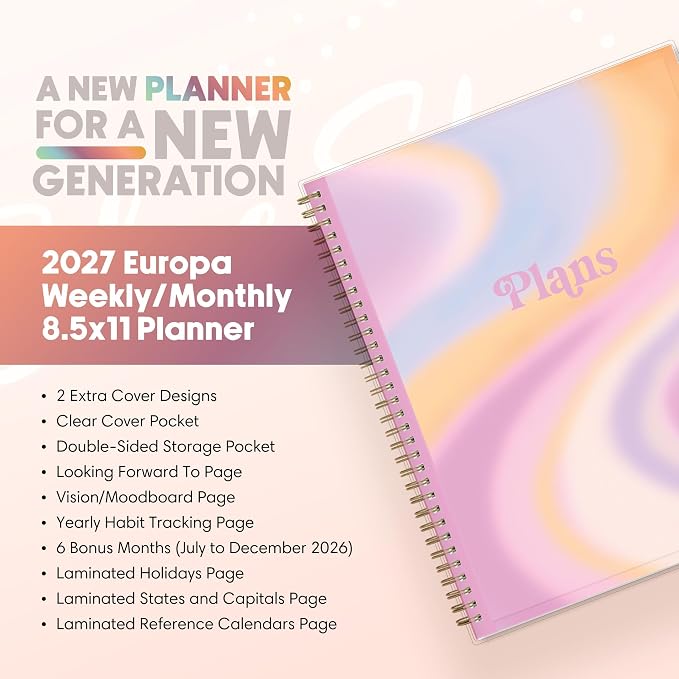 Blue Sky Gen Z 2027 Weekly and Monthly Planner Calendar, January 2027 - December 2027, 8.5" x 11", Flexible Interchangeable Cover, Durable Twin Wire Binding, Laminated Tabs, Storage Pocket, Europa
