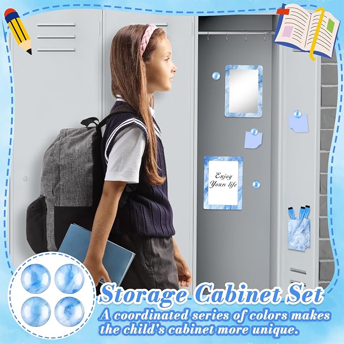 Denylo pro Magnetic Locker Marble Accessories Kit Blue Back to School Essentials Locker Organizer Supplies Include Mirror Whiteboard Pen with Holder Magnet Magnetic Buckle Back to School Essentials