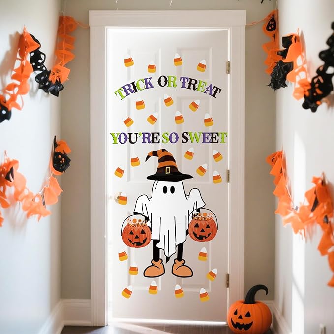Whaline 62Pcs Halloween Bulletin Board Door Decorations Pumpkin Ghost Candy Corn Paper Cutouts with 100Pcs Glue Points for Trick or Treat Party Classroom Chalkboard Wall Decor
