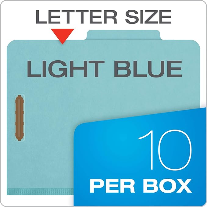 Pendaflex Pressboard Classification File Folders, 3 Dividers, 2" Embedded Fasteners, 2/5 Tab Cut, Letter Size, Light Blue, Box of 10 (24094), Specialty
