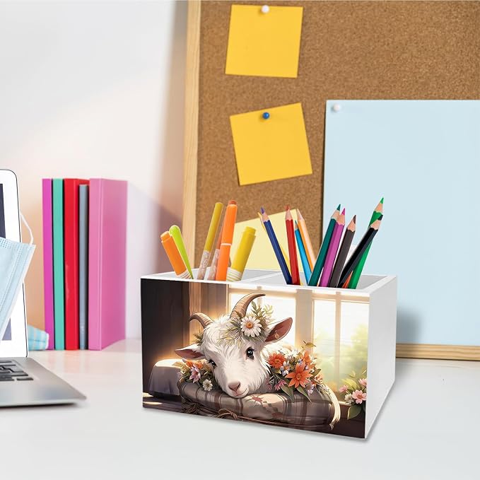 Farmhouse Floral Goat Pen Holder for Desk, Goat Lover Gifts Pencil Organizer, Rustic Cottagecore Lamb Wooden Box Sign Desk Decor for Home Office Decoration