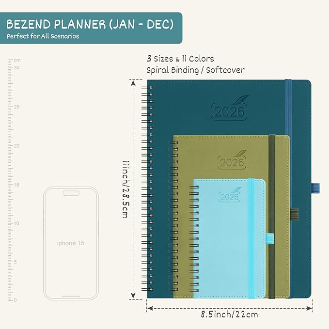 BEZEND 2026 Planner Weekly and Monthly (8.5" x 11" Spiral) Daily Calendar with Hourly Timeslots & Tab (Jan-Dec) Note & Expenses, Pen Holder, Inner Pocket, Vegan Leather Softcover - Blueberry