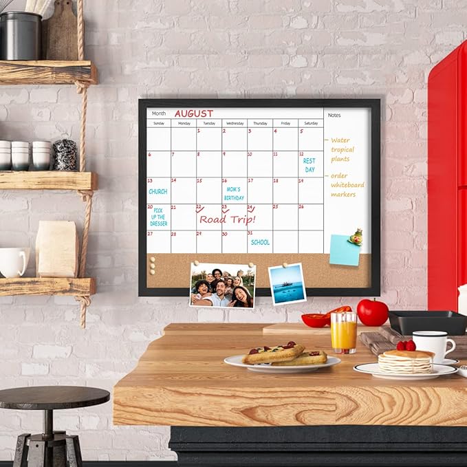 Dry Erase Calendar Whiteboard for Wall, 17.7" x 21.6" Combination Magnetic Dry Erase White Board & Bulletin Board, Black Frame Calendar/Cork Combo Board(BK-4555-B)