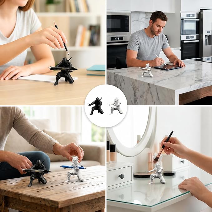 Ninja Pen Holder and Samurai Pen Holder Set, Ninja Pen Holder for Desk and Office Organization, White Saiyan Pen Holder for School and Home Use, PVC Material Construction with Large Size Design