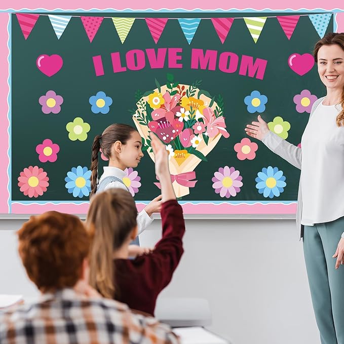 QOUBAI Mother's Day Bulletin Board Set I Love Mom Classroom Bulletin Board Decorations Mothers Day Flower Heart Cutouts Classroom Decorations for Preschool Nursery Toddler Kids Spring Decor Wall Door