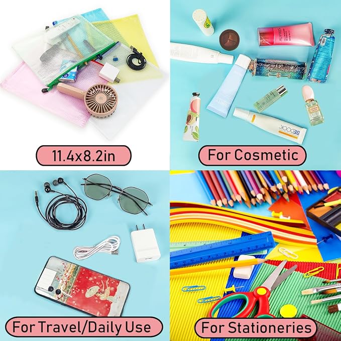 10 Pcs Zipper File Bags, Waterproof Plastic Mesh Pouch for Office School, Board Game Storage Bags (B5 Size 11.4''x8.2'', Multicolored)