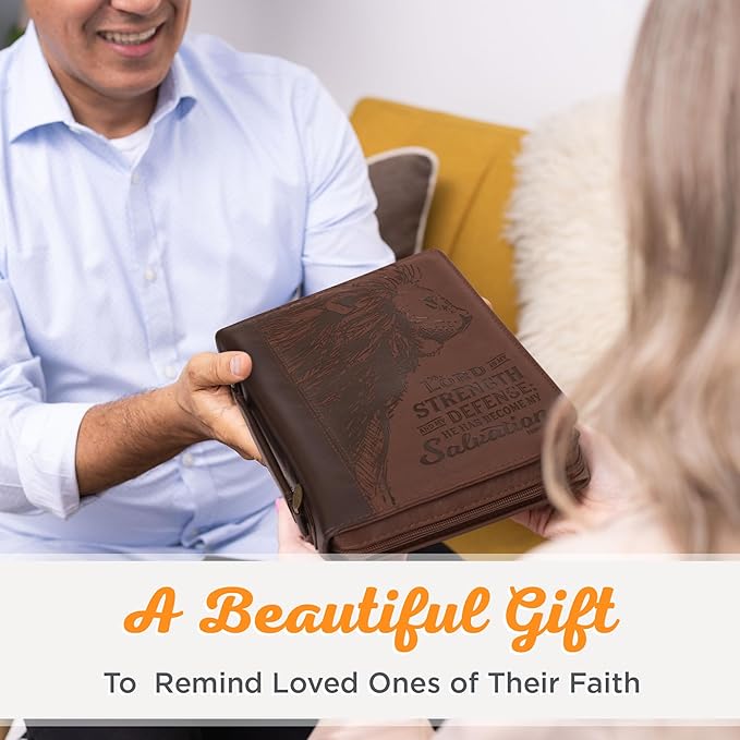 Christian Art Gifts Men's Classic Bible Cover The Lord is My Strength Lion Exodus 15:2, Brown Faux Leather, Medium