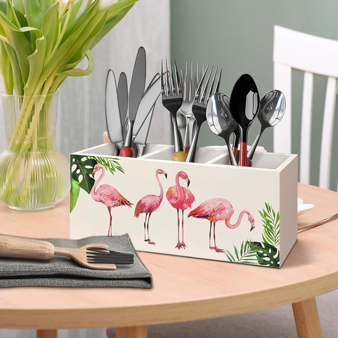 Tropical Pink Flamingo Wood Makeup Brush Toothbrush Holder Organizer for Vanity Bathroom,Pink Flamingo Gifts for Women,Girly Aesthetics Wooden Pen Pencil Holder for Desk Accessories
