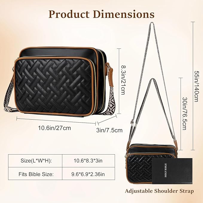 MHJY Bible Bag Leather Bible Cover Case for Women Zipper Quilted Bible Cover with Bible Tabs and Shoulder Strap Crossbody Purses for Book Cover