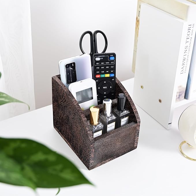 BONNY DODO Remote Control Holders Organizer Box for Table Copper Gold Small Wooden Desk Farmhouse Home Decor Caddy Basket Store Tv Remote for Media Player,Pencil,Glassees&Office Supplies (Bronze, S)