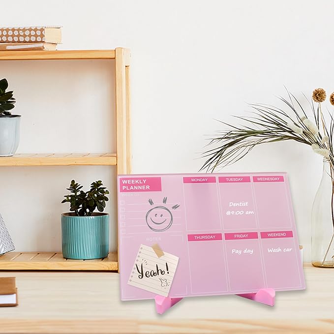 Desktop Thickened Acrylic Dry Erase Board, Weekly White Board with to Do List, Tabletop Whiteboard with Stand, Frameless Dry Erase Pink White Board,9.5"x6.7" for Office, Home, School(Desktop-PK-1724)