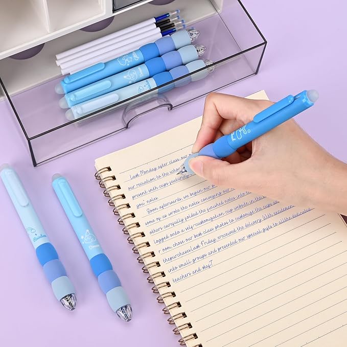 Temiary 18Pcs Aesthetic Retractable Erasable Gel Pens, Make Mistakes Disappear, 8 Pens & 10 Refills, Cartoon Smooth Writing Pen, 0.5 mm Black & Blue Ink Pen, Office School Supplies. (Blue Theme)