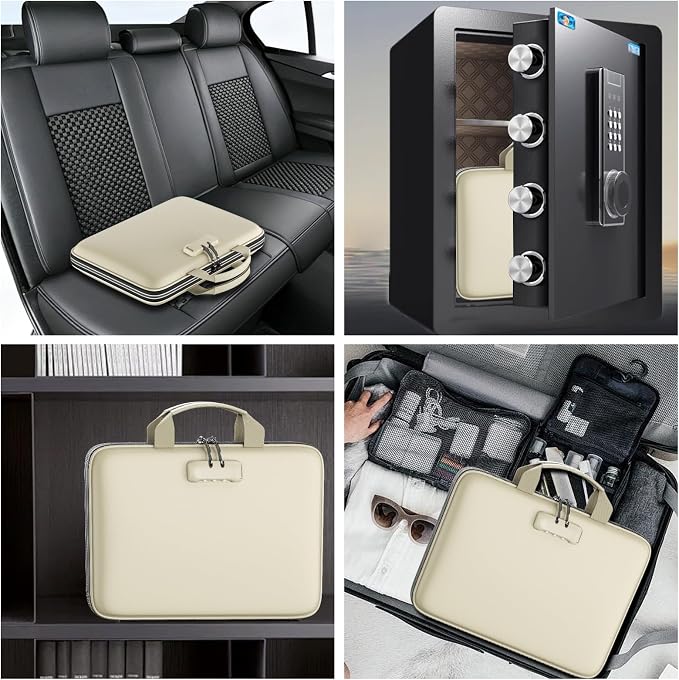 Fireproof File Organizer with Lock, Hard Case Fireproof Document Box with 13 Colorful Pockets Accordion File Folder, Important Document Organizer for Letter A4 Files Laptop Passports (Beige)