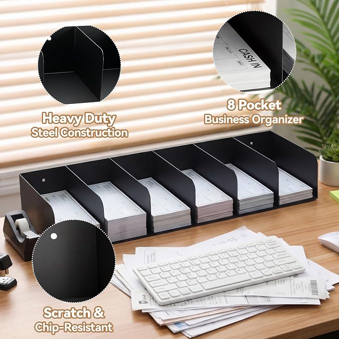 Gisafai Metal Check Sorter Organizer 6 Pockets, 16 x 3.75 x 8 Inch Black Steel Document Holder Wall Mountable, Heavy Duty Countertop Receipt Storage Rack for Bank, Office, Retail, Restaurant