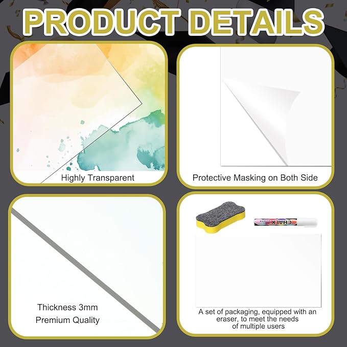 Ctosree 17 x 8 Inch Graduation Senior Sign Out Board Clear Acrylic Dry Erase Board Plexiglass Sheet for Lens Signing with Liquid Chalk Markers & Eraser for Signature Cinematography