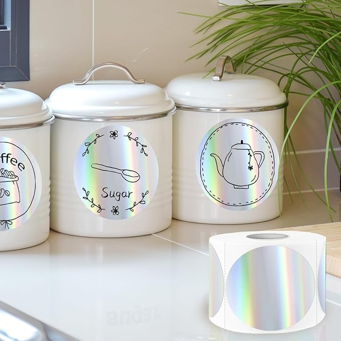 Round Thermal Label Printer Stickers, 3 Inch Holographic Silver Thermal Label Sticker, Holographic Circle Direct Printer Stickers- Perforation Line Design