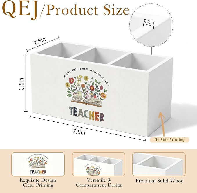 Boho Floral Teacher Pen Holder for Desk, Teacher Appreciation Gifts, Back to School Gifts for Teachers Wooden Box Pencil Pen Organizer for Home Office Desk Tabletop