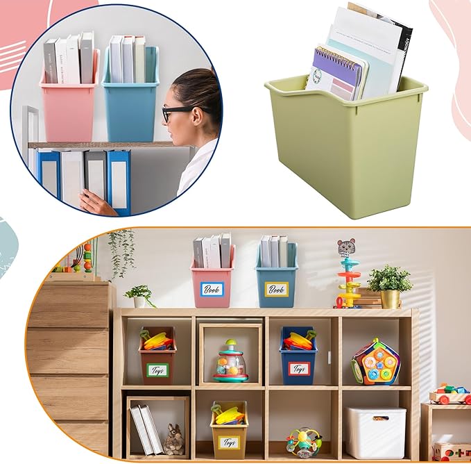 Jinei 24 Pack Boho Neutral Book Bins for Classroom Decor Bulk Plastic Bins with Name Labels Assorted Color Organization Book Bin Baskets Teacher Storage Boxes for Classroom Office