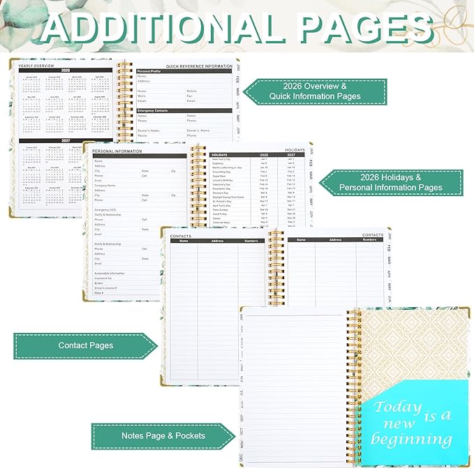 2026 Planner, Daily Weekly Monthly Planner with Tabs, 2026 monthly planner with Color Pen, Sticky Notes and Stickers, 6.2" x 8.5", Durable Twin Wire Binding, Storage Pocket -Eucalyptus Leaves Green