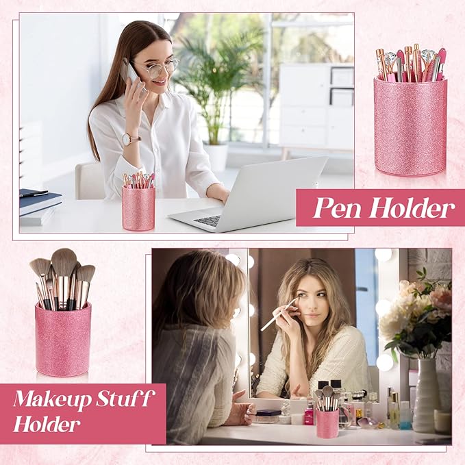Sabary 8 Pcs Pink Pens with Pen Holder for Desk Glitter Crystal Diamond Cute Ballpoint Fancy Pencil Holder Bling Desk Organizer for Women Girls School Office Supplies Wedding Graduation Gifts