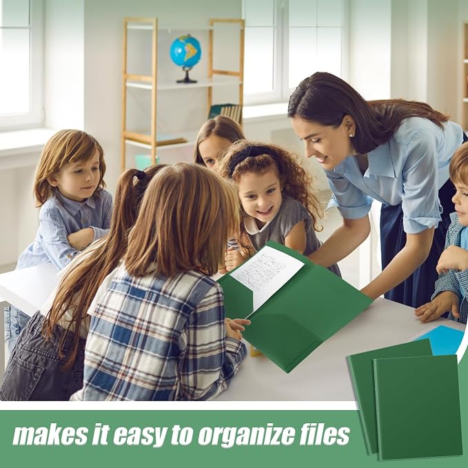 Gueevin 100 Pack Plastic Folder with Pockets, 2 Pocket Folders, Plastic Glossy Folders Fit Letter Size Paper, Heavy Duty Durable File Folder with Business Card for Home Office School (Dark Green)