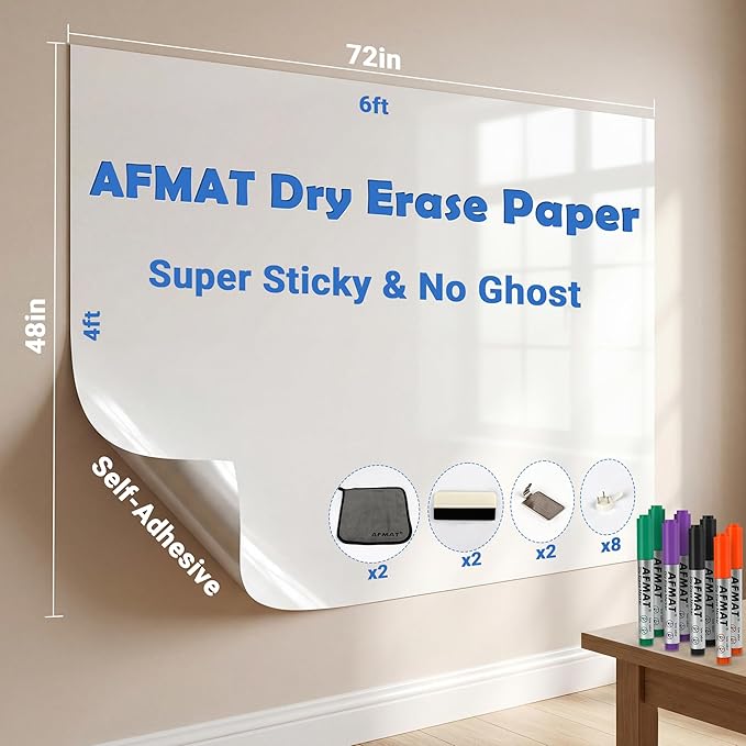 AFMAT White Board Dry Erase Paper, 72" x 48" Large Whiteboard Wallpaper, with 8 Markers, Stain-Proof & Super Sticky, No Ghost, 6' x 4' Peel and Stick Dry Erase Board Paper Roll for Wall/Home/Office
